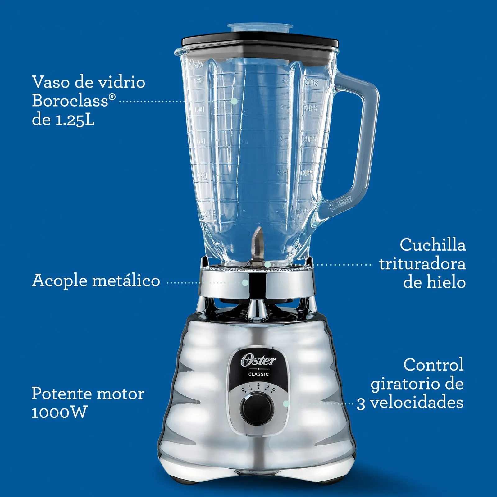 Licuadora OSTER Clasica Silver- 600W- Jarra de Vidrio 1,25lts - Image 4